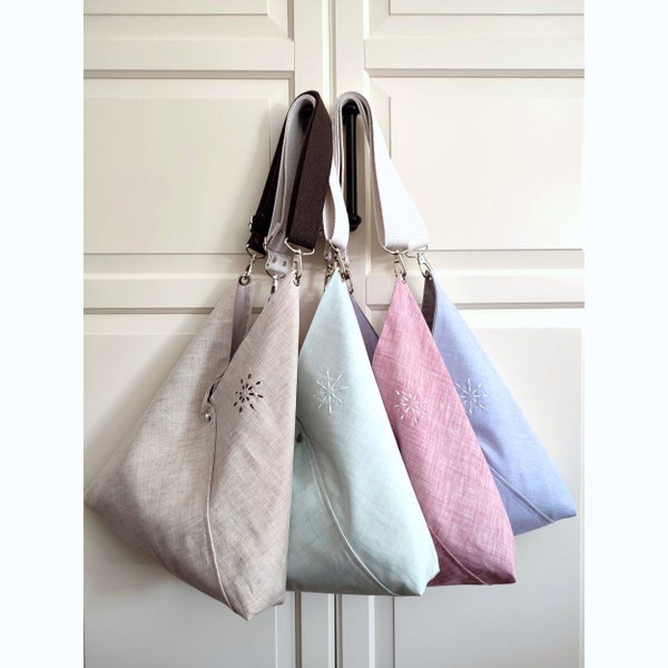 One Handle Linen Summer Bag, Pastel Colors Lightweight Japanese Tote Bag, Sashiko Flower Triangle Bag, Stylish Handbag, Kimono Bag