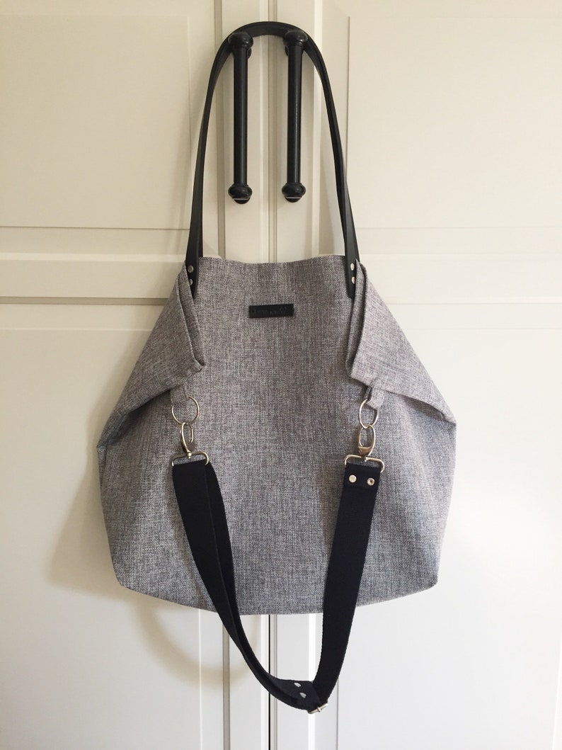 Grey Tote Bag With Leather Straps Grey Linen Crossbody Tote Etsy