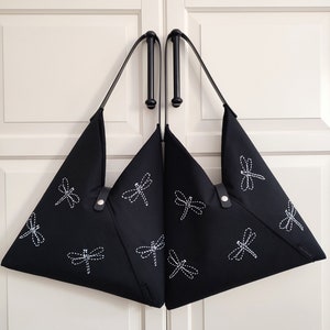Sashiko Embroidered Hobo Bag: Japanese Dragonfly Black Linen Shoulder Bag