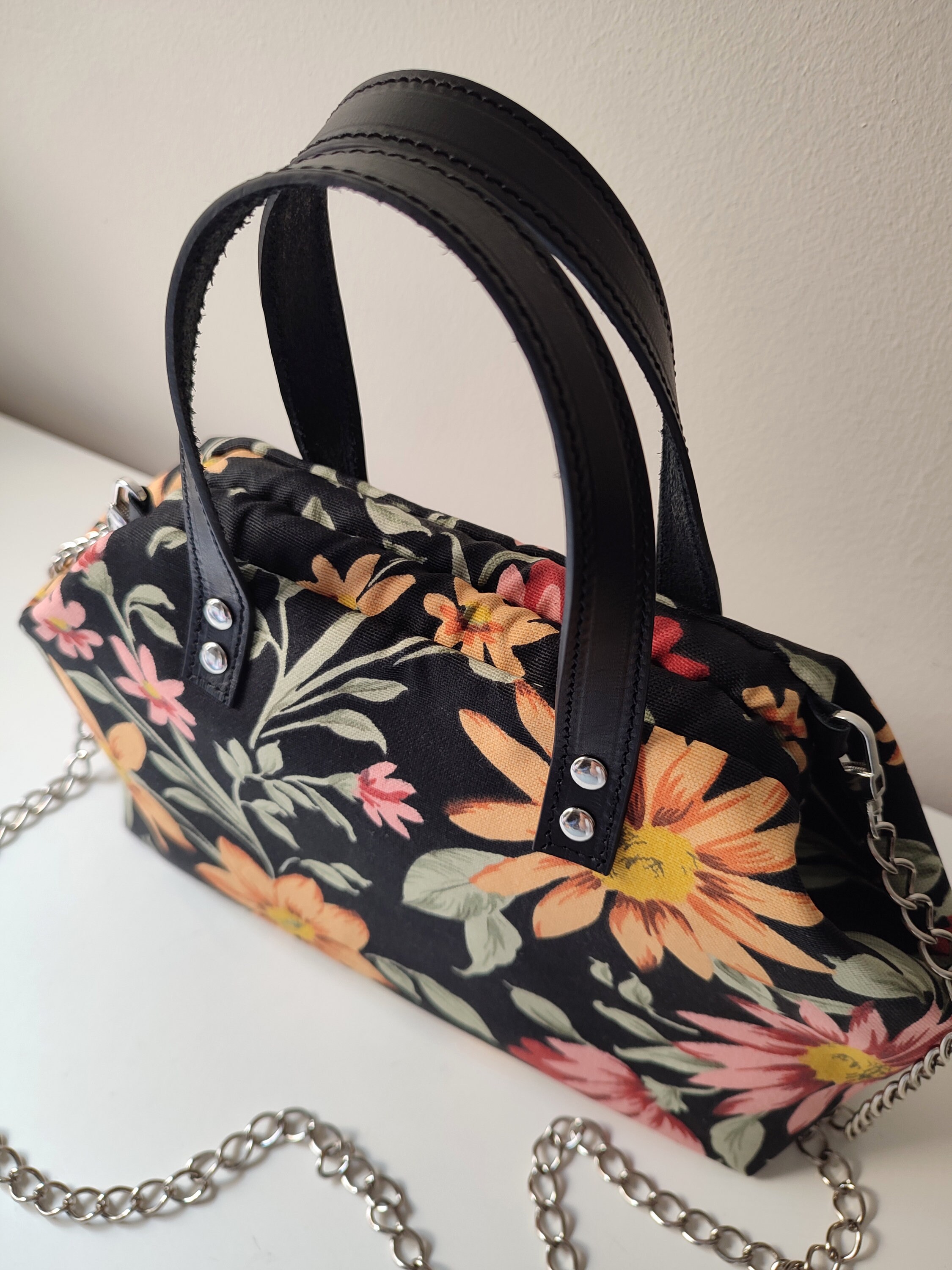 Black Floral Handbag, Shoulder - Crossbody Bag With Chain