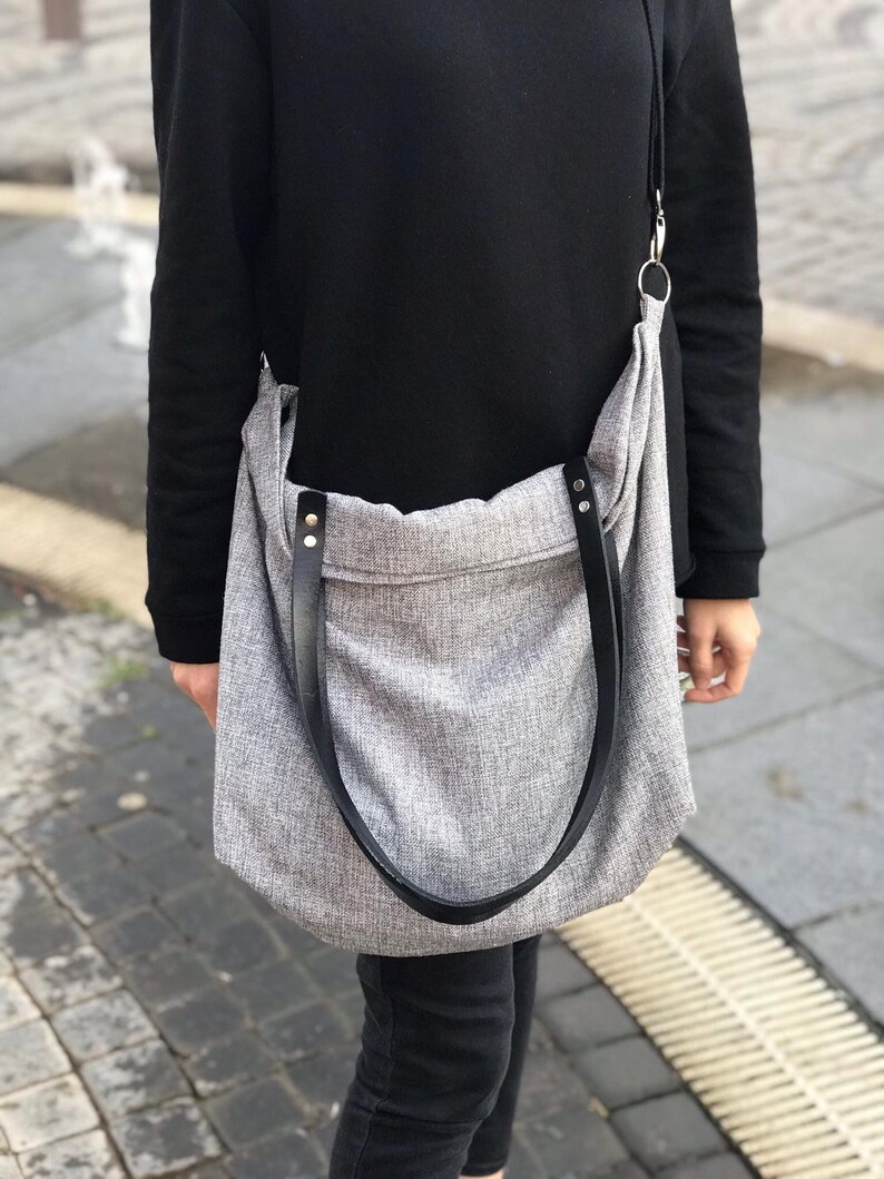 Grey Tote Bag With Leather Straps Grey Linen Crossbody Tote Etsy
