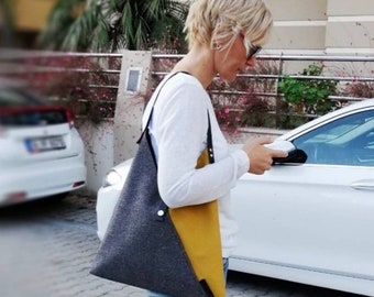 Mustard Hobo Bag: Japanese Triangle Tote Bag with Leather Handle