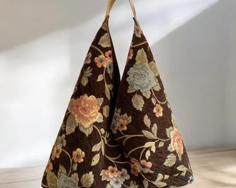 Floral Chenille Origami Bag: Brown Japanese Hobo Bag with Leather Handle