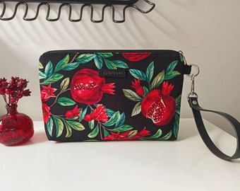 Pomegranate Print Wristlet: Handmade Black Clutch Bag with Leather Handle