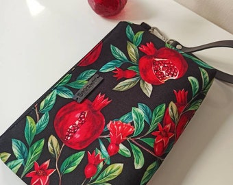 Pomegranate Women Wristlet Handbag,  Clutch Bag, Everyday Black Purse, Casual Zipper Pouch, Handmade Birthday Gift For Mom, Sister