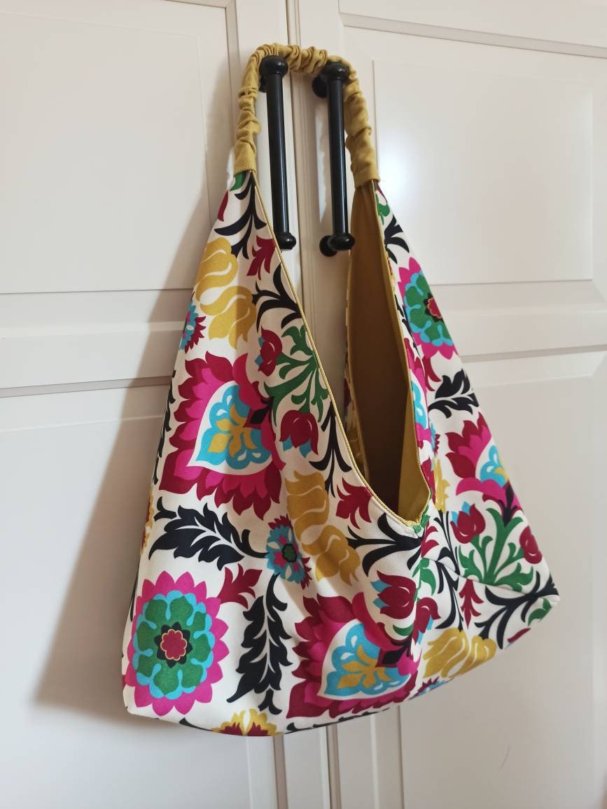 Floral Boho Hobo Bag, Reversible Yellow Origami Bag, Ethnic