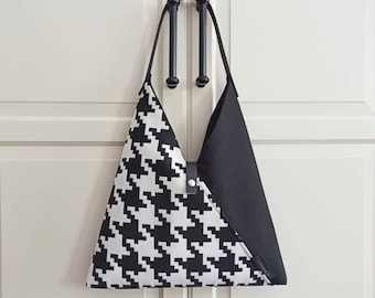 Black and White Japanese Bag, Houndstooth Black Hobo Bag, Casual Women Triangle Bag, Bento Bag, Azuma Bukuro Bag, Handmade Gift