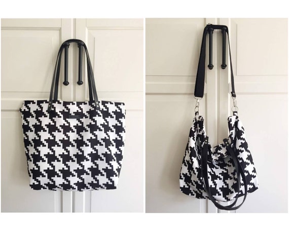 Houndstooth Shoulder Tote Bag Black With Bag Charm