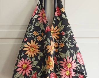 Floral Japanse origami tas, alledaagse hobo tas voor vrouwen, zwarte bloem Azuma portemonnee, strandtas, zomer handtas, cadeau voor haar