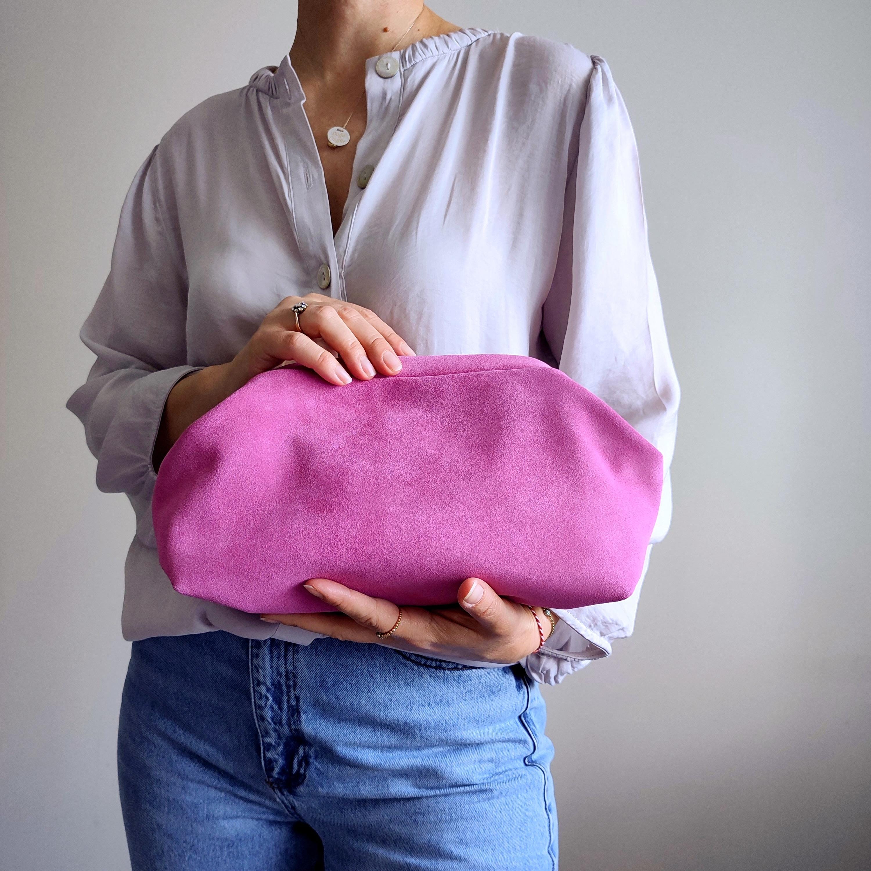 Large Pink Suede Clutch Bag, Soft Handmade Frame Pouch, Chic