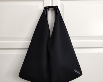 Black Triangle Shoulder Bag: Japanese Origami Hobo Bag with Leather Handle