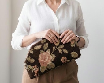 Floral Brown Fabric Dumpling Bag: Handmade Frame Clutch - Shoulder Purse, Gift For Mom