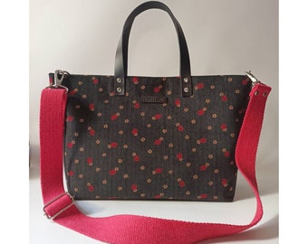 Dark Grey Floral Velvet Tote Bag with leather handle, Red Flowers Convertible Everyday Crossbody Bag, Women Casual Handbag