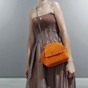 Handmade Orange Suede Leather Shoulder Bag: Chic Clutch with Brass Chain