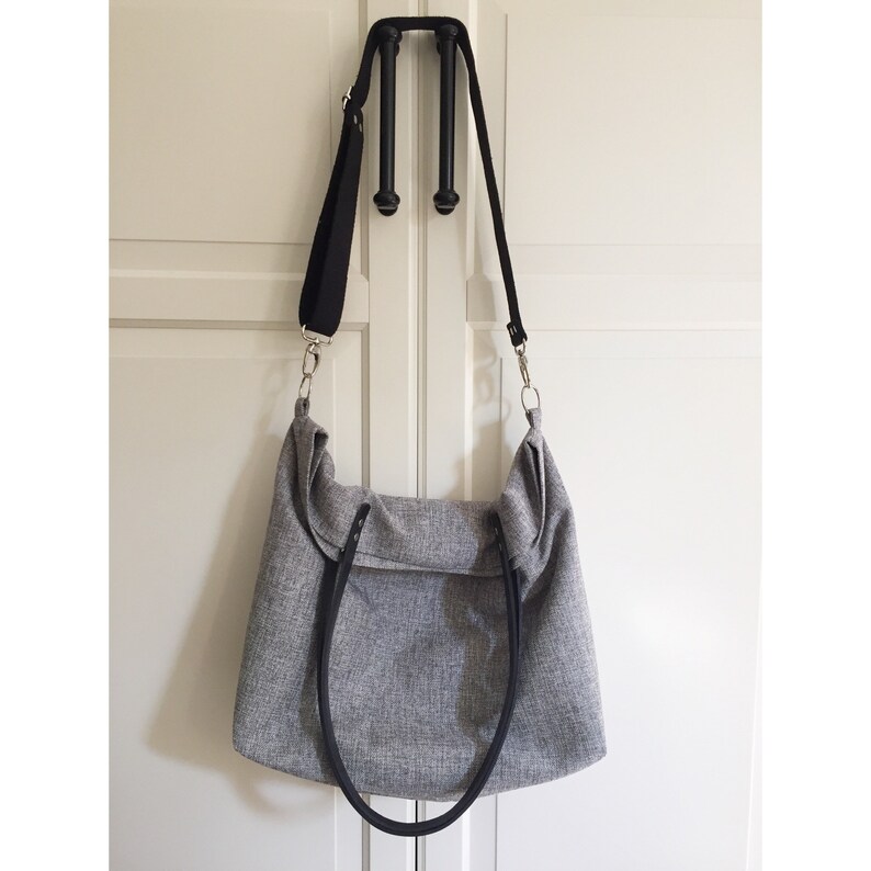 Grey Tote Bag With Leather Straps Grey Linen Crossbody Tote Etsy