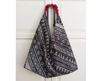 Sac origami japonais en tissu au design aztèque, sac hobo décontracté noir et blanc, sac souple pour femme, idées cadeaux faits main