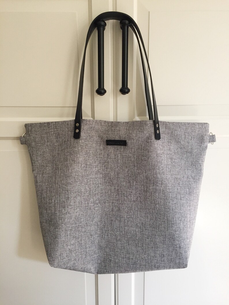 Grey Tote Bag With Leather Straps Grey Linen Crossbody Tote Etsy