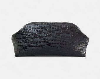 Oversized Black Croco Embossed Leather Clutch, Shiny Dumpling Evening Bag