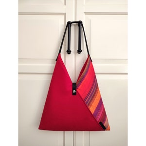 Handmade Japanese-Inspired Azuma Hobo Bag in Red and Colorful Stripes with Vegetable Tanned Leather Handle
