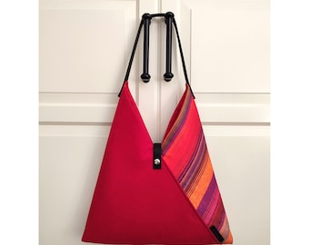 Handmade Japanese inspired Azuma Hobo Bag in Red and Colorful Stripes With Vegetable Tanned Leather Handle Etsy