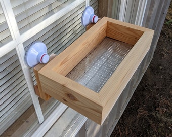 Medium Window Bird Feeder, Ventilated Floor, Heavy Duty Suction Cups, Made from Cedar, Natural, Handmade