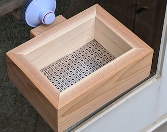 Small Window Bird Feeder, Wood, Ventilated Floor, Heavy Duty Suction Cups, Made from Western Red Cedar, Natural, Handmade