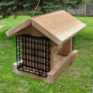 May include: A wooden bird feeder with a black wire mesh cage for suet. The feeder is hanging from a wire and has a slanted roof.