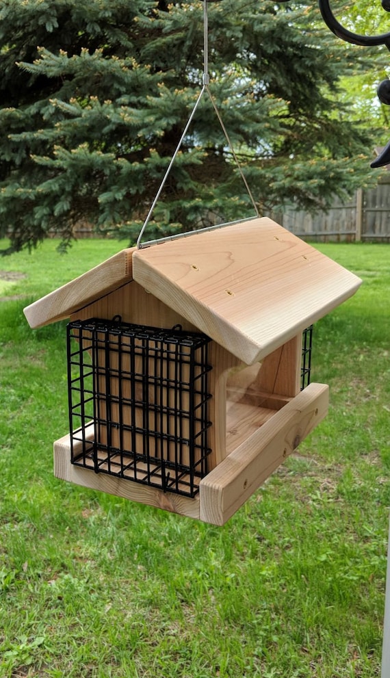 Hanging Bird Feeder With Dual Suet Baskets And Hinged Roof Etsy