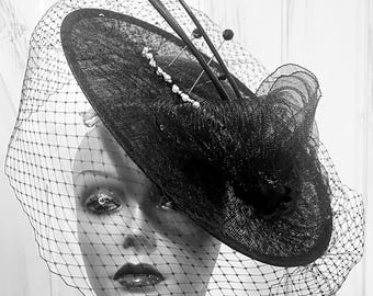 Parisian inspired black pink veil cocktail hat black-derby-fascinator-spot-  main image 3