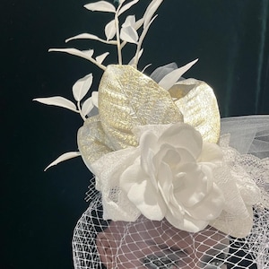 White & Gold Fascinator Hat with Veil for Bridal Church Wedding Derby Tea Party or Funeral