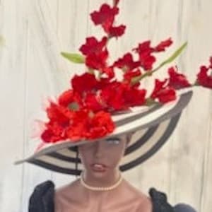 Huge Red Black White Derby Hat, large black white striped red floral wide brim hat, fancy red church hat, Oversize Racing Hat, Tea Party Hat