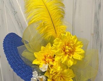 Kentucky Derby Hat Flower Floral Feather Elegant Yellow Facinator Wide Brim Hat Yellow Kentucky Derby Hat: Feathered Tea Party Fascinator - Etsy main image 4