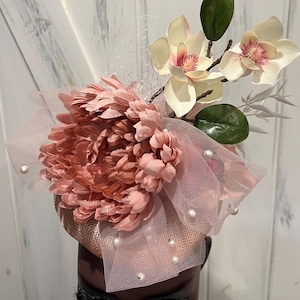 Blush pink sinamay pillbox fascinator hat: floral & hidden Victorian flask for church wedding bridal derby tea party or funeral