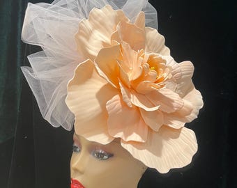 Peach flower fascinator derby hat: big tulle bow
