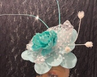 Aqua Blue Mint Green Large Fascinator Hat, turquoise flower church fascinator hat, turquoise wedding hat, Mint Green Aqua Blue Tea Party Hat