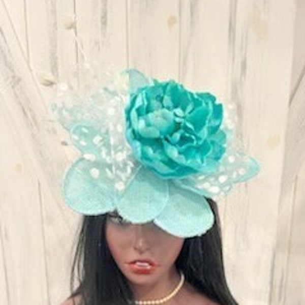 Aqua Mint Derby fascinator hat, turquoise church hat, turquoise flower hat, turquoise wedding hat, Derby Fascinator, Mint Tea Party Hat