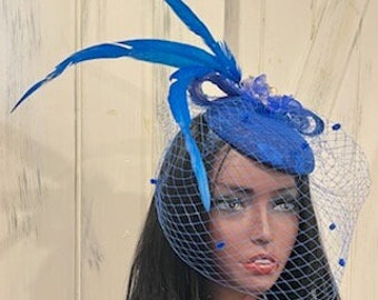 Blue Derby Fascinator Feathers Hat, Blue Veiled Fascinator Hat feathers, Sapphire Blue Tea Party Fascinator Hat with Veil