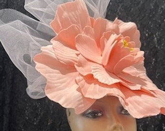 Big Blush Pink Flower Derby Fascinator Hat, huge blush pink flower tea party hat, blush pink Wedding Bridal Church Fascinator