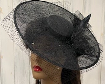 Black Crystal Veiled Funeral Fascinator Hat, Black Derby Fascinator Hat, Victorian Tea Party Hat, Edwardian Wedding Fascinator Hat with veil