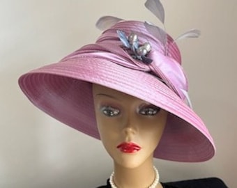 Lilac Gray Satin Fancy Church Hat, lavender grey Victorian tea party hat, violet Edwardian wedding hat, pale purple fancy couture church hat