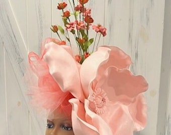 Reserved for Nik Coral Peach Pink Huge Flower Derby Fascinator Hat, Bridal Hat, coral pink peach church hat, coral pink peach tea party hat