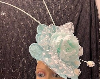 Pastel Aqua mint large flower fascinator hat quills, light turquoise mint aqua flower church wedding hat, Aqua Blue Green Fascinator Hat