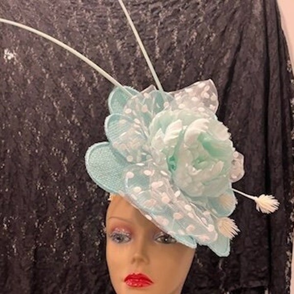 Pastel Aqua mint large flower fascinator hat quills, light turquoise mint aqua flower church wedding hat, Aqua Blue Green Fascinator Hat