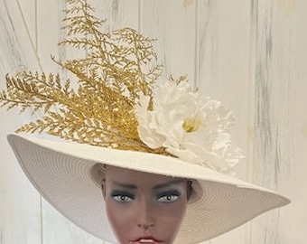 Big Gold White Wide Brim Derby Hat, White Gold Jeweled Church Hat, White Tea Party Hat, White Edwardian Wedding Bridal Hat