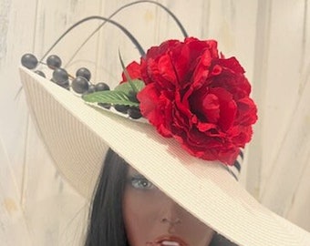 Big Red Navy White Derby Hat, Large Red Wine Flower Navy Quills White Hat, Navy White Red Church Hat, White Navy Red tea party hat