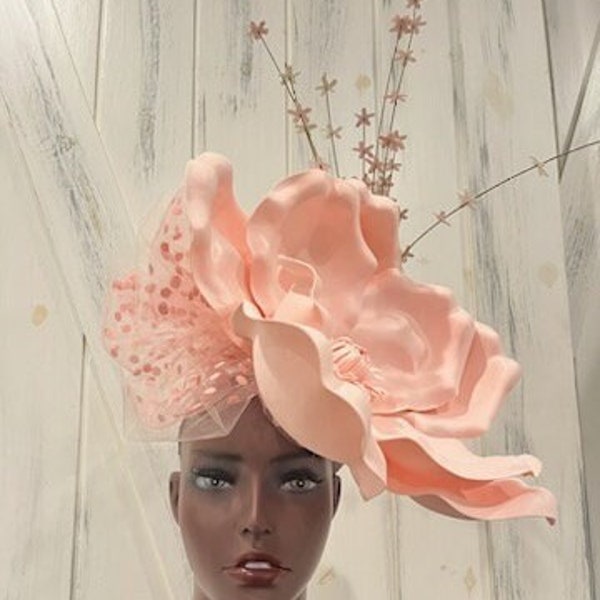 Big Blush Pink 12 inch flower fascinator derby hat, Blush pink huge flower church hat, blush pink flower tulle bow tea party fascinator hat