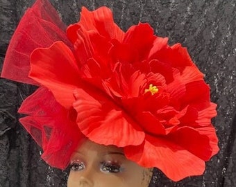 Huge Red Flower Derby Fascinator Hat, Big red flower fascinator hat, red flower church fascinator hat, Red Wedding Tea Party Fascinator Hat