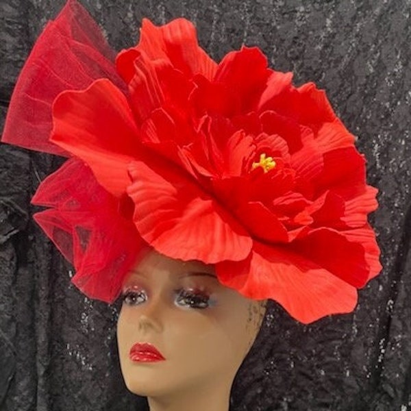 Huge Red Flower Derby Fascinator Hat, Big red flower fascinator hat, red flower church fascinator hat, Red Wedding Tea Party Fascinator Hat