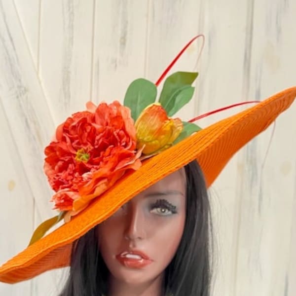 Orange Coral Peachy Pink Derby Hat with Quills, orange coral peach pink fancy women's church hat, Orange Pink  Peach Coral Tea Party Hat