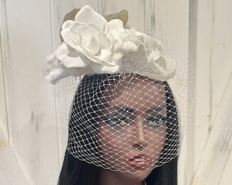 White Gold Derby Church Wedding Fascinator Bird Cage Veil, Victorian Tea Party Hat, Veiled White Edwardian Wedding Bridal Fascinator Veil